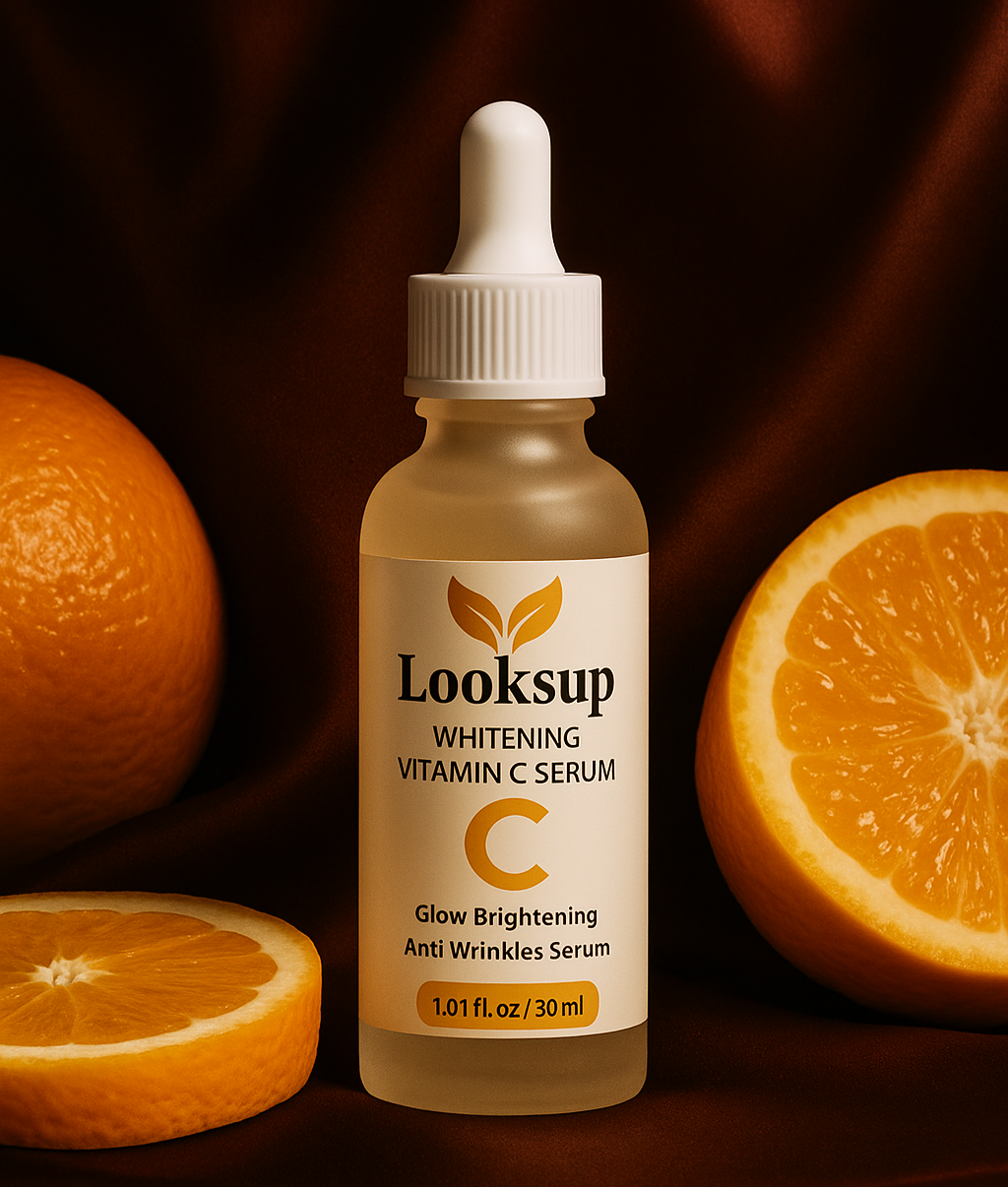 Lookup Whitening Vitamin C Serum bottle with oranges on a dark background